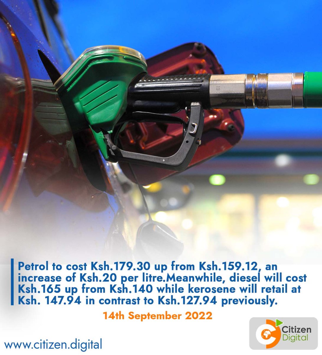 citizentvkenya's tweet photo. Petrol to cost Ksh 179.30 up from Ksh 159.12, an increase of Ksh 20 per litre. Meanwhile, diesel will cost Ksh 165 up from Ksh 140 while kerosene will retail at Ksh 147.94 in contrast to Ksh 127.94 previously https://t.co/9Ct659lwhJ