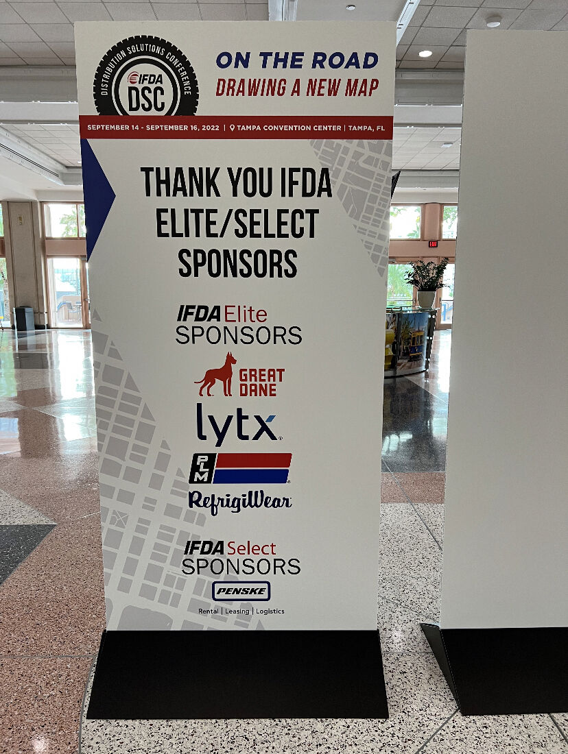 PlmFleet's tweet photo. Great first day at #IFDADSC! Our custom ice sculpture is up, PLM's Don Durm and Rob Fortney spoke at the Supply Chain Disruptions &amp; New Challenges in Equipment Acquisition session. We also attended sessions like the Executive Leadership Summit and discussion about FSMA 204 rule. https://t.co/jOzJ8szffW
