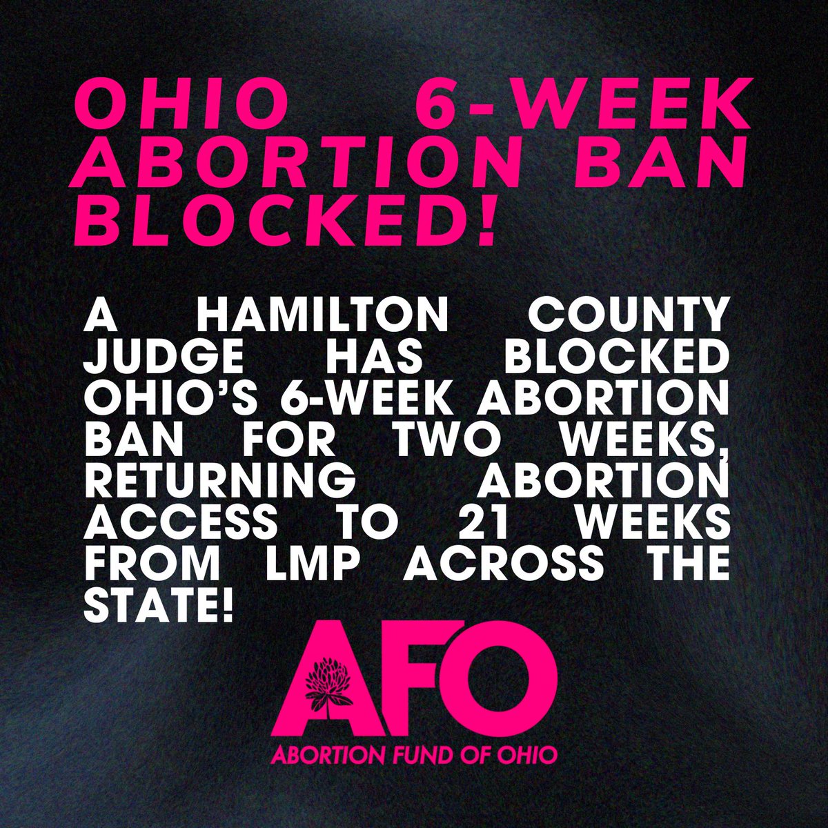 We cannot overemphasize how much this means. 

Ohio has been under a 6-week ban for nearly 3 months. 3 fucking months of nearly all abortions illegal in our home state.