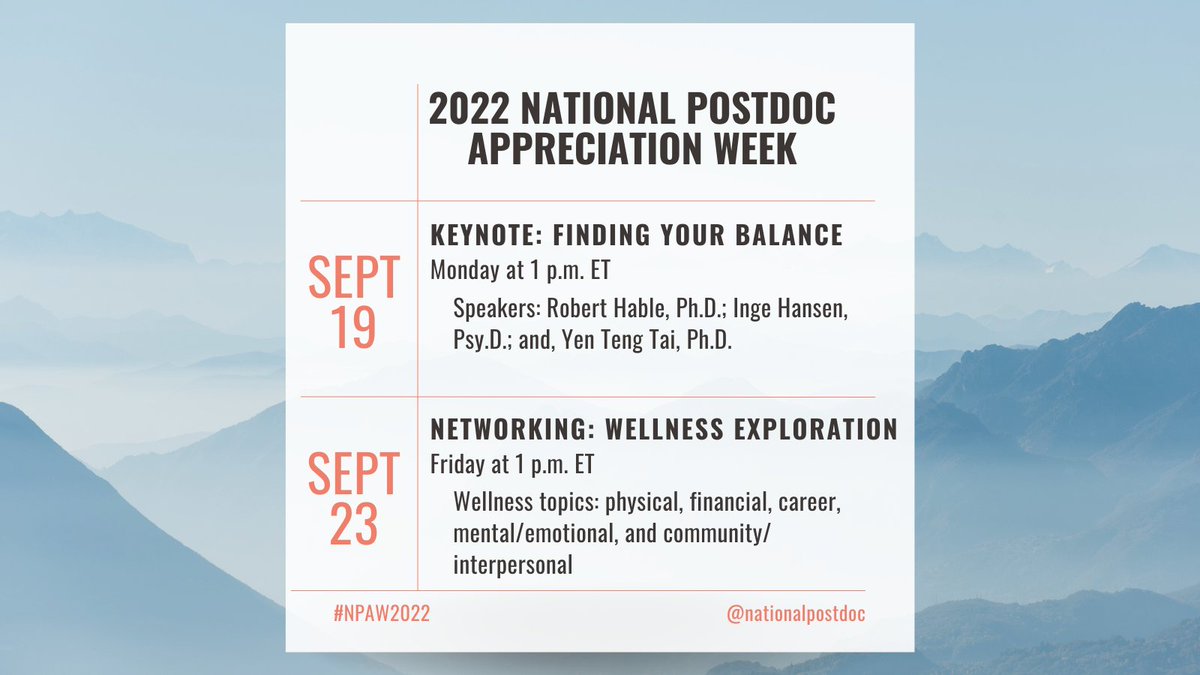 We are celebrating 2022 National Postdoc Appreciation Week (NPAW), September 19 - 23! Centered around the theme of “Finding Your Balance,” the NPAW Steering Committee will host two national events. Register now ow.ly/zwFL50KBm5k #NPAW2022 #NPAW #postdocs #FindingYourBalance
