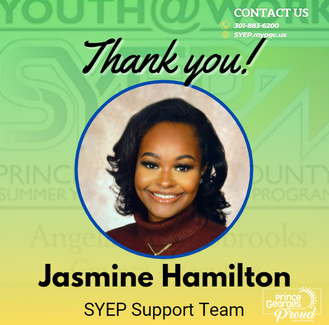 PGCSYEP's tweet photo. #PGCSYEP - Meet Youth at Work Talent Pipeline Participant Jasmine Hamilton!  Prince George's County young adults are making a mark on the County!  We are #PrinceGeorgesProud #SYEPintern #ThankYou https://t.co/7DJKzltLKd