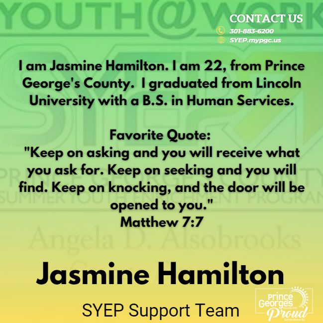 PGCSYEP's tweet photo. #PGCSYEP - Meet Youth at Work Talent Pipeline Participant Jasmine Hamilton!  Prince George's County young adults are making a mark on the County!  We are #PrinceGeorgesProud #SYEPintern #ThankYou https://t.co/7DJKzltLKd