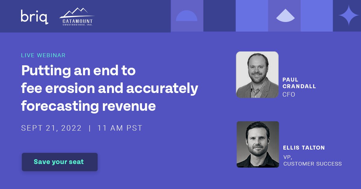 Want to learn how to solve fee erosion? Join our webinar with the CFO of Catamount Constructors, Paul Crandall, for a live discussion about how they’ve worked with Briq to identify and correct agents of fee erosion.
briq.zoom.us/webinar/regist…