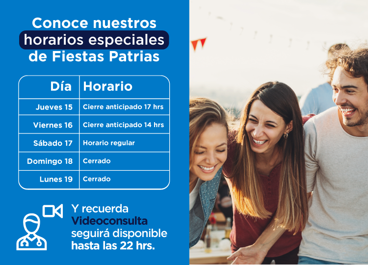 Estar cerca de ti es nuestro propósito. En estas #𝗳𝗶𝗲𝘀𝘁𝗮𝘀𝗽𝗮𝘁𝗿𝗶𝗮𝘀 te seguimos cuidando♥️⁣ ⁣ 💻Ingresa en integramedica.cl/horarios y conoce nuestros horarios especiales para este fin de semana.⁣ #integramedica #centromedico #horariosespeciales #videoconsulta