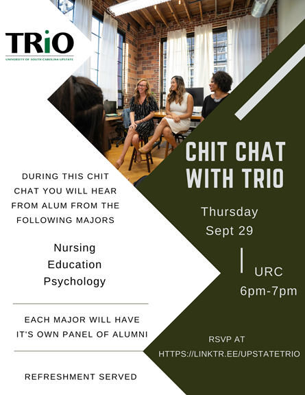 upstate_opnet's tweet photo. Chit Chat w/TRIO: Calling all Education, Psychology and Nursing majors. 

Join us and hear from Upstate and TRIO Alumni as they share their educational and career journeys. 

RSVP with the link in the bio. 

#TRIOWorks #TRIOSSS #UpstateTRIO #TRIOAlumni #ChitChatTime #USCUpstate https://t.co/qQ6gRRiDb7