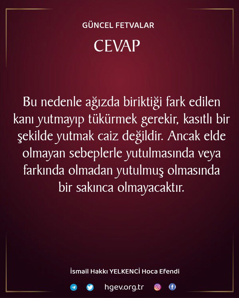 ismailhyelkenci's tweet photo. Dişleri kanayan kişinin ağzına gelen kanı yutması haram olur mu?
.
.
#dişler #ağız #kan #yutmak #haram #keşfet #fıkıh #fetva #huzurlugönüllereğitimvakfı https://t.co/tAAnnzp4C3