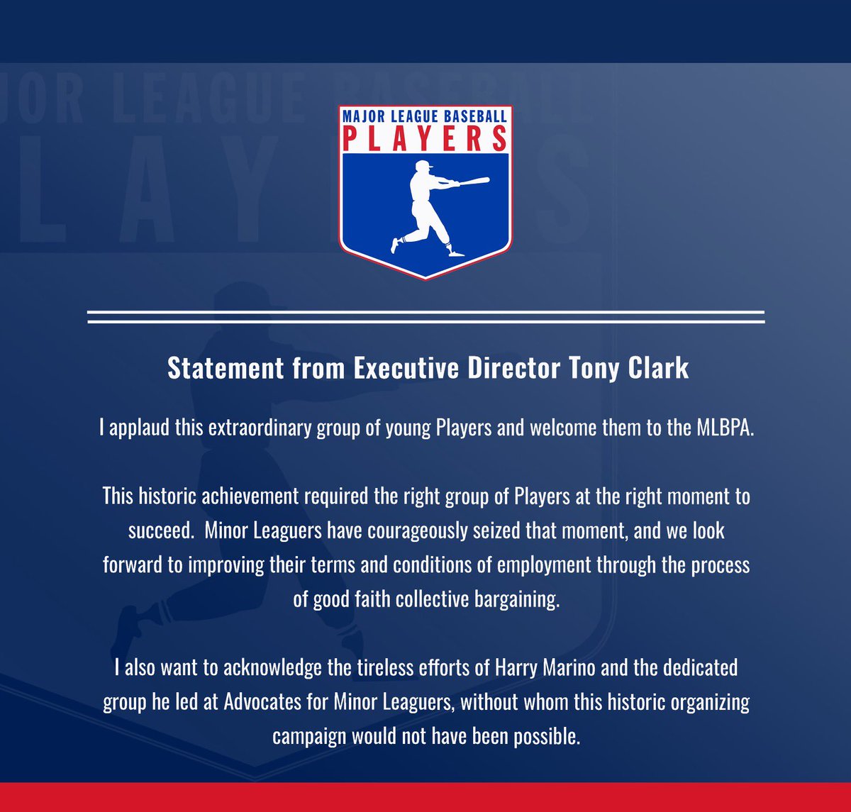 MLBPA_News's tweet photo. Statement from Executive Director Tony Clark regarding Minor League Players joining the MLBPA https://t.co/RrZO9AR22p
