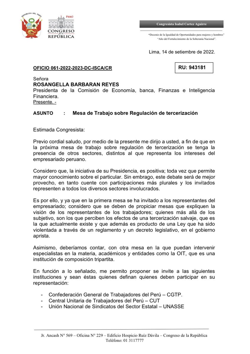 chabelitacongre's tweet photo. Oficio enviado a la Comisión de Economía con relación de invitados para que no sea sólo el empresariado quien asista a mesas técnicas sobre la tercerización. Espero que se agende su presencia en la próxima sesión y se escuche a la clase trabajadora que sufre la tercerización. https://t.co/O3FAPVHhzj