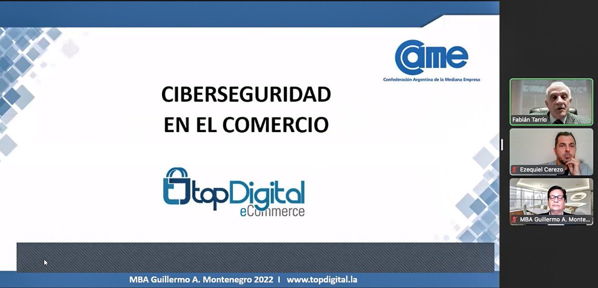 96 dirigentes de todo el país participaron del webinar sobre Ciberseguridad en el #Comercio. Se abordaron prácticas y estafas digitales cada vez más frecuentes. Gran iniciativa de <a href="/redcame/">CAME</a> para atender temáticas de actualidad que afectan a pymes y personas en el día a día.