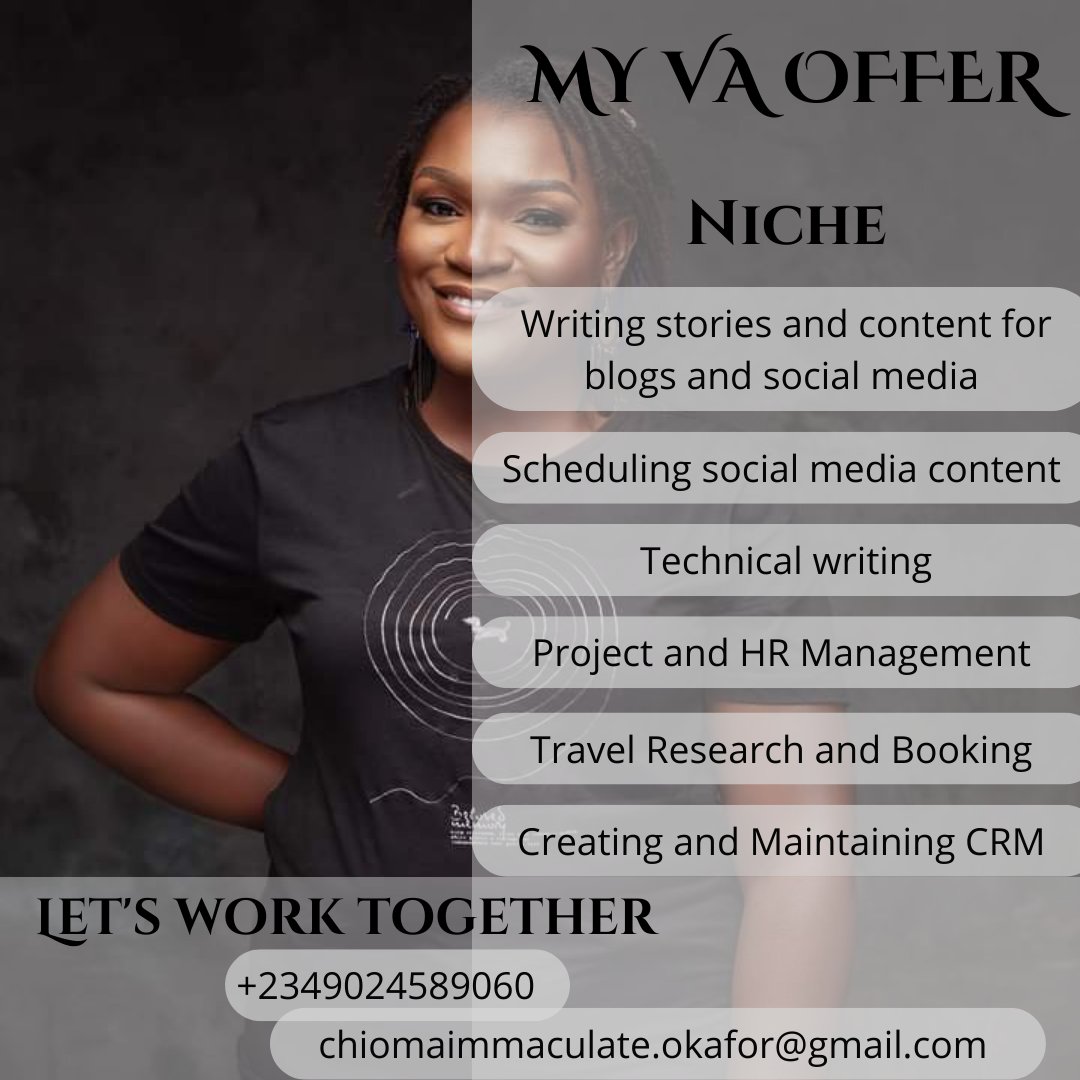 ChiomaVA's tweet photo. Stay ahead with more time.
Allow me perform these and many more Virtual Assistants duties for you.
Check the next slides for more informationπ
Let's work together.
Omae-urVA
#virtualassistant #virtualassistantsduties #virtualassistantjobs #virtualassistantjos https://t.co/N6ifF9JVg0