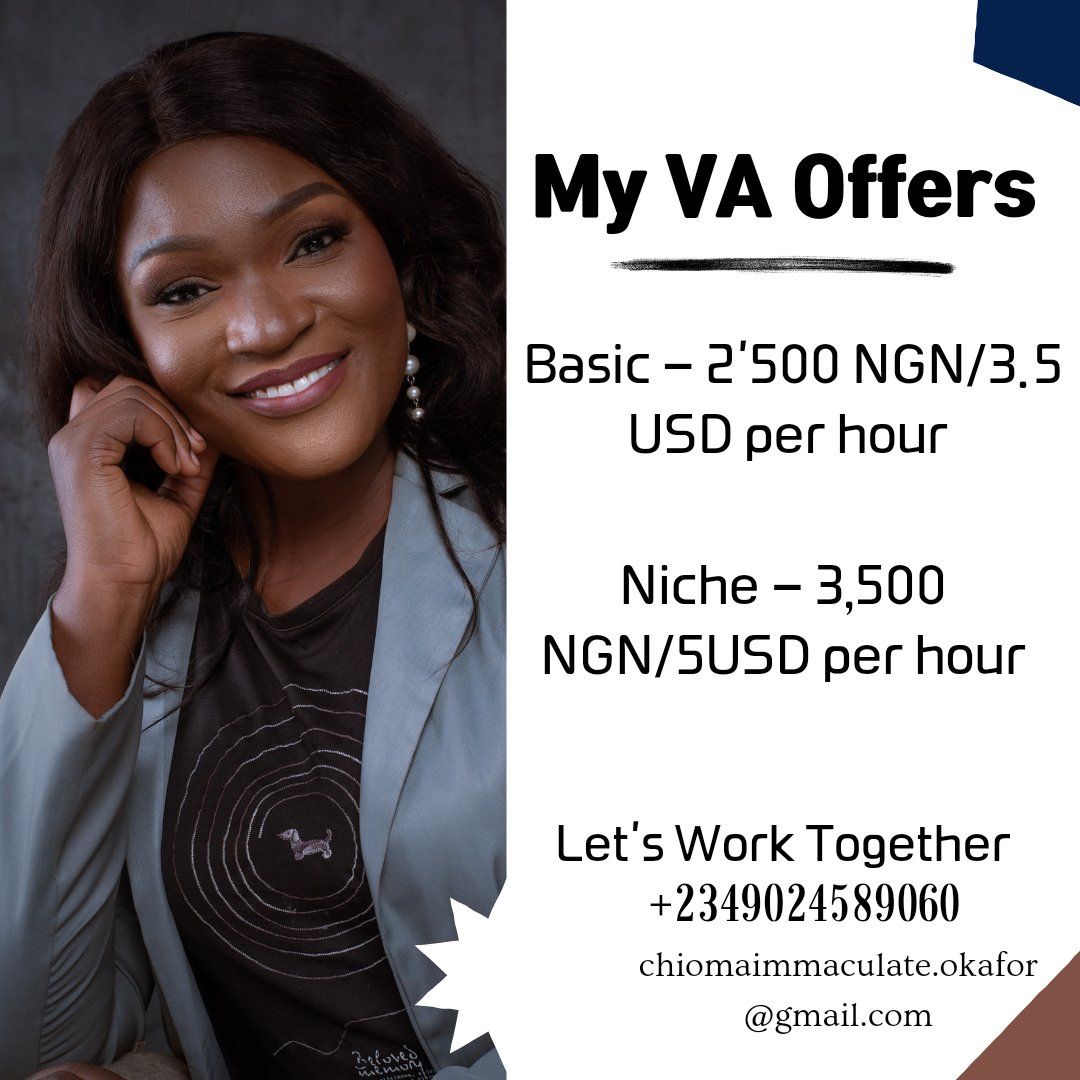 ChiomaVA's tweet photo. Stay ahead with more time.
Allow me perform these and many more Virtual Assistants duties for you.
Check the next slides for more informationπ
Let's work together.
Omae-urVA
#virtualassistant #virtualassistantsduties #virtualassistantjobs #virtualassistantjos https://t.co/N6ifF9JVg0