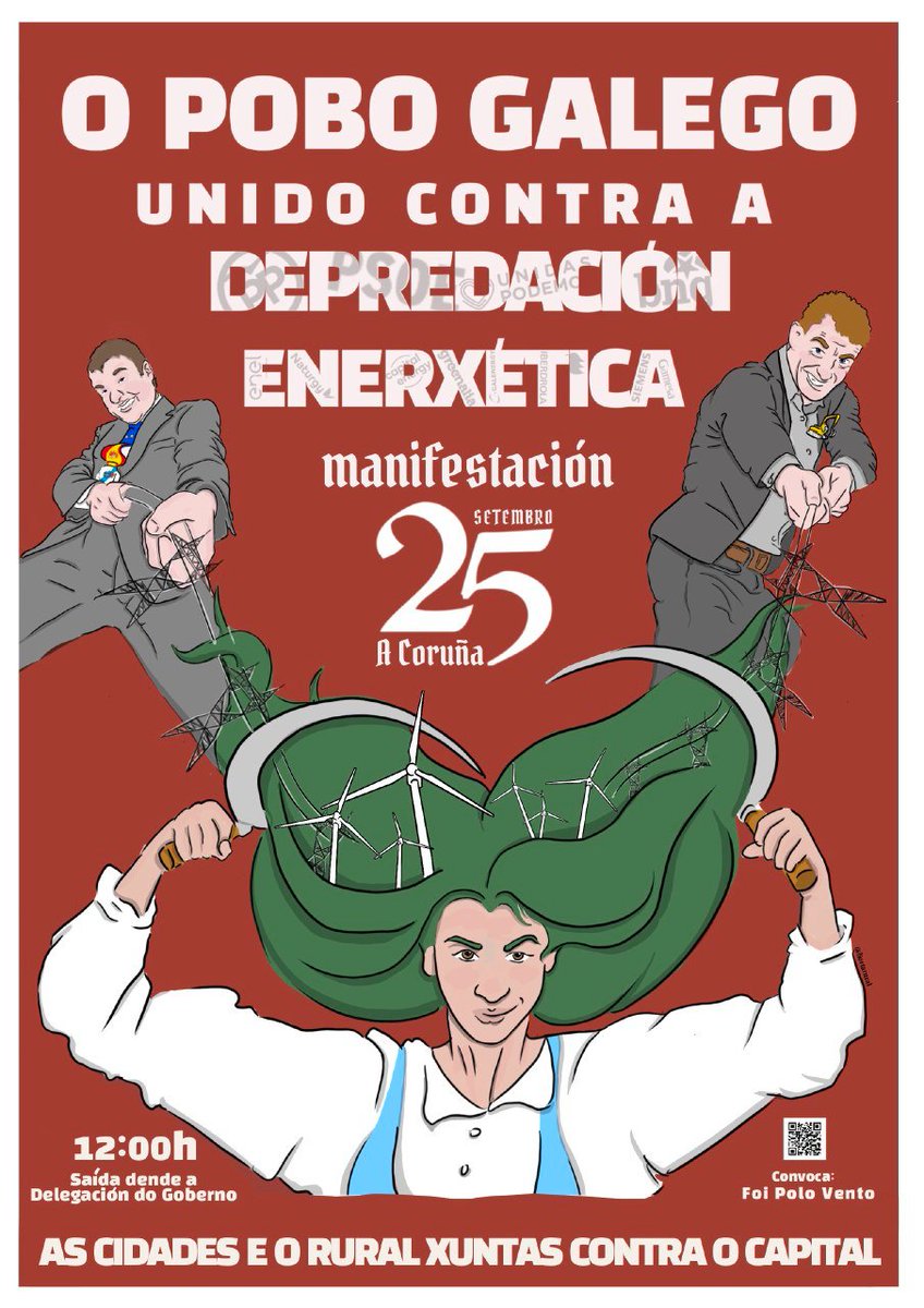 foipolovento's tweet photo. 🗣️Manhã, quinta 15, às 10:30h no CS A Comuna presentaremos em rolda de imprensa a manifestaçom #oPovoGalegoUnidoContraAdepredaçomEnergética, com participaçom de @Fridays4C @MandeoMarinas #Asociación9Refachos e #CSAComuna
📢25/09 #ACrunha
#AsCidadesEoRuralJuntasContraOCapital https://t.co/1hvYrh7pFU