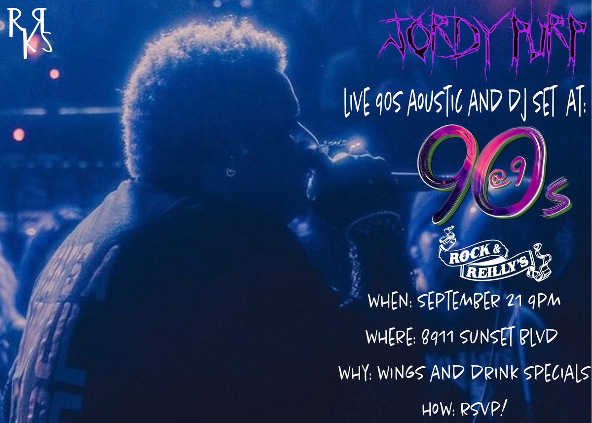 So hyped <a href="/JordyPurp/">💜🖤JORDYPURP🖤💜</a> is coming by 90s @ 9 next Wednesday 9/21 at <a href="/RockandReilly/">Rock and Reillys Pub</a> to play a couple of 90s covers and DJ! RSVP at RKRS.NET/RSVP