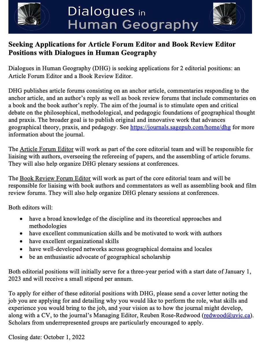 UPDATE: Call for editors for *2 positions* with Dialogues in Human Geography: 1 Article Forum Editor and 1 Book Review Editor. See details below. Deadline: Oct. 1.