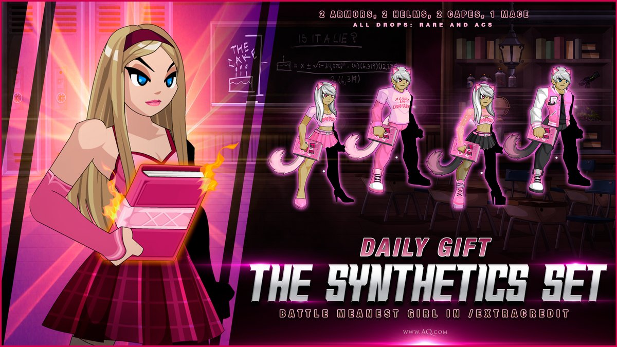 On Wednesdays, the Synthetics wear pink. And if you want to join them, head in-game and battle the Meanest Girl in /extracredit to collect the pieces of our new 0 AC daily login gift set! AQ.com #AQWDailyGift