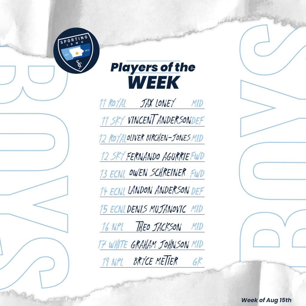 SportingIowa's tweet photo. We have our fourth Boys Players of the Week! Congrats to these boys on a great week! #SportingIowa #Family #Trust #Integrity #PlayersoftheWeek https://t.co/n1IswZ3VVv