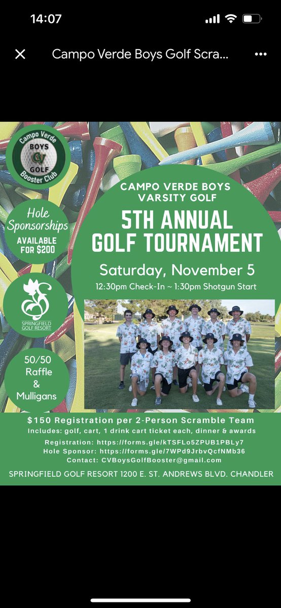 CampoVerdeGolf's tweet photo. Come support our golf team with our annual 2 man scramble. Competition is great and the even is a lot of fun. All proceeds go to the golf team for travel expenses and other items. https://t.co/L0PSjykXnb