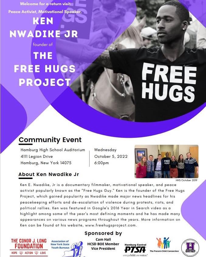 Parent Child Connection - Hamburg (@hamburgpcc) on Twitter photo SAVE THE DATE!! Peace Activist, Motivational Speaker, @kennwadikejr, founder of <a href="/FreeHugsProject/">Free Hugs Project</a> will be returning to @hamburgcsd 10/5 at 6pm for a community event. Thank you to all of the sponsors for making this return visit a reality! SAVE THE DATE!! Peace Activist, Motivational Speaker, @kennwadikejr, founder of <a href="/FreeHugsProject/">Free Hugs Project</a> will be returning to @hamburgcsd 10/5 at 6pm for a community event. Thank you to all of the sponsors for making this return visit a reality!