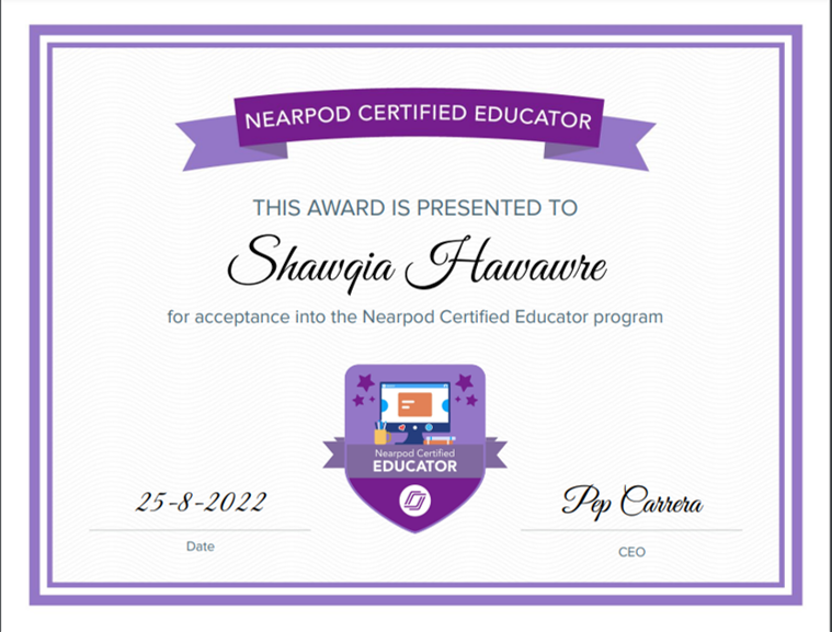 shawqia_hawawra's tweet photo. So glad to have new achievements. Thanks @nearpod and your district plus #NearpodCertified #AdvancedNCE https://t.co/jUF2J4qLUr