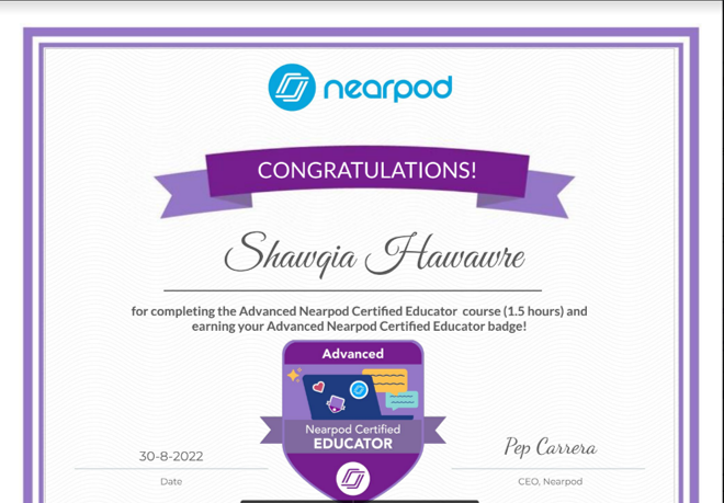 shawqia_hawawra's tweet photo. So glad to have new achievements. Thanks @nearpod and your district plus #NearpodCertified #AdvancedNCE https://t.co/jUF2J4qLUr