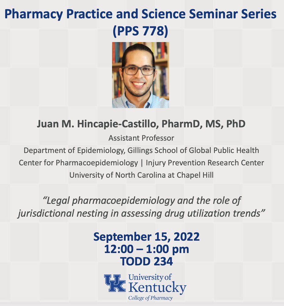 Juan Hincapie-Castillo, PharmD, PhD (@drjuanhc) on Twitter photo Excited to join (remotely) <a href="/UK_COP/">University of Kentucky College of Pharmacy</a> for their Pharmacy Practice and Science Seminar.
Looking forward to introducing some concepts of #LegalEpi applied to pharmacoepidemiology and drug utilization research
Proud to represent <a href="/UNCpublichealth/">UNC Public Health</a> <a href="/UNC_RxEPI/">UNC Pharmacoepi</a> <a href="/UNC_IPRC/">UNC Injury Prevention Research Center</a> <a href="/PHLR_Temple/">PublicHealthLawRsrch</a> Excited to join (remotely) <a href="/UK_COP/">University of Kentucky College of Pharmacy</a> for their Pharmacy Practice and Science Seminar.
Looking forward to introducing some concepts of #LegalEpi applied to pharmacoepidemiology and drug utilization research
Proud to represent <a href="/UNCpublichealth/">UNC Public Health</a> <a href="/UNC_RxEPI/">UNC Pharmacoepi</a> <a href="/UNC_IPRC/">UNC Injury Prevention Research Center</a> <a href="/PHLR_Temple/">PublicHealthLawRsrch</a>