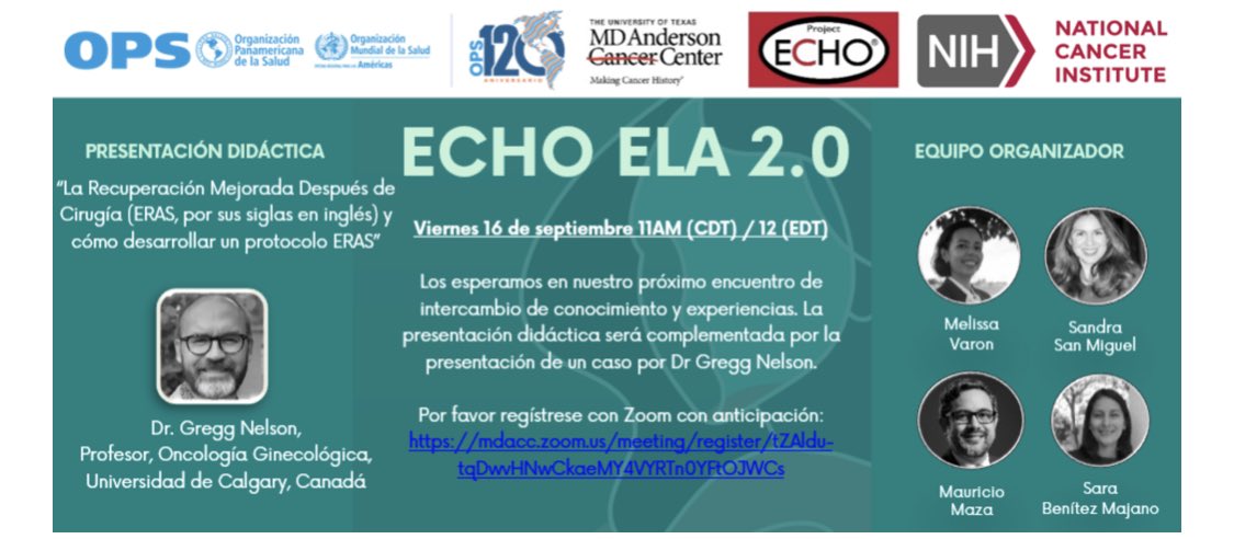 So excited to be speaking about #ERAS in #GynOnc to ECHO-ELA 2.0 on Sept 16! Come join us 👏 <a href="/ProjectECHO/">Project ECHO</a> @NCICRCHD <a href="/NIH/">NIH</a> <a href="/MDAndersonNews/">MD Anderson News</a> @Dr_San_Miguel <a href="/pahowho/">PAHO/WHO</a> <a href="/ErasSociety/">ERAS® Society</a> <a href="/SGO_org/">SGO</a> <a href="/IGCSociety/">IGCS</a> <a href="/ESGO_society/">ESGO</a> <a href="/kmschmeler/">Kathleen Schmeler MD</a> <a href="/GynMe4/">SoMe4GynOnc</a>