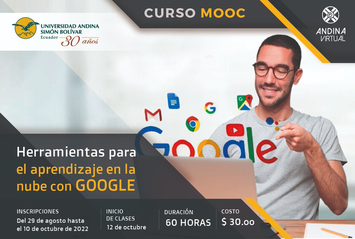 FormAndinaEc's tweet photo. 💯 #UASBLive
📍 #CURSOMOOC | 📲💻 Herramientas para el aprendizaje en la nube con GOOGLE
💵 Costo: 30,00 dólares
✅ Info e inscripciones 👉🏻 https://t.co/1ClN0LWmQt
@uasbecuador @Eddydelaguerra @cesarmontanog @Christian_LeonM @jaramich https://t.co/jPzgMpAcuF