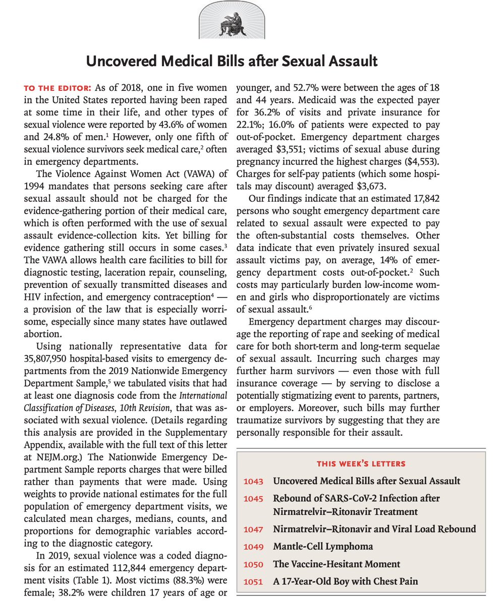ml_barnett's tweet photo. Jaw dropping @NEJM piece by Dickman, @swoolhandler @Alecia_McG et al 

Out of 112,844 ED visits for sexual violence in 2019,  17,842 (16%) were uninsured and billed for an average of $3,673 for that care! 

An alarming deterrent to report sexual violence.

https://t.co/x5HAypbyqn https://t.co/3j754o2jOU