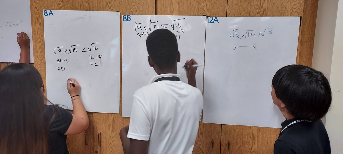 MisterWippel's tweet photo. With Math 360 (white boards around the room), students demonstrated their understanding of how to calculate approximations of expressions w/pi and square roots. They were assigned one question, then created one for another student to answer! @IMS_Indians @collierschools https://t.co/Bu7Ra3qoAx