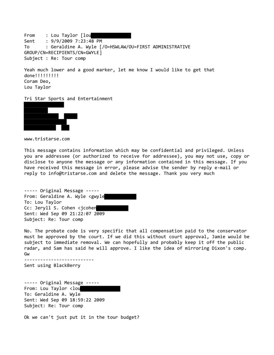 BritneyTheStan's tweet image. BREAKING: New emails show Lou Taylor trying to bypass court approval in order to pay Jamie from Britney’s estate and hide it from the public #JusticeForBritney