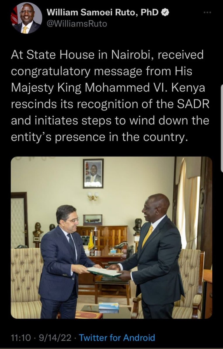 The #Kenya’s new President elect, trades Western Sahara just cause, after long respect n support from Kenya 🇰🇪 to the #UN n #AU resolutions that insist on Sahrawi’s rights of #independence