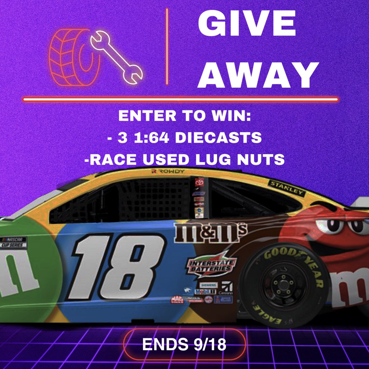 GIVEAWAY: It’s time for our next playoff giveaway!

We are giving away 3 1:64 diecasts (Ty Gibbs 54, Martin Truex Jr. 51, Kyle Busch 18), and 5 race-used lug nuts. Here’s how to enter:

-Follow us <a href="/PitBoxPress/">Pit Box Press</a> 
-Retweet this Tweet

We will pick a winner on September 18.