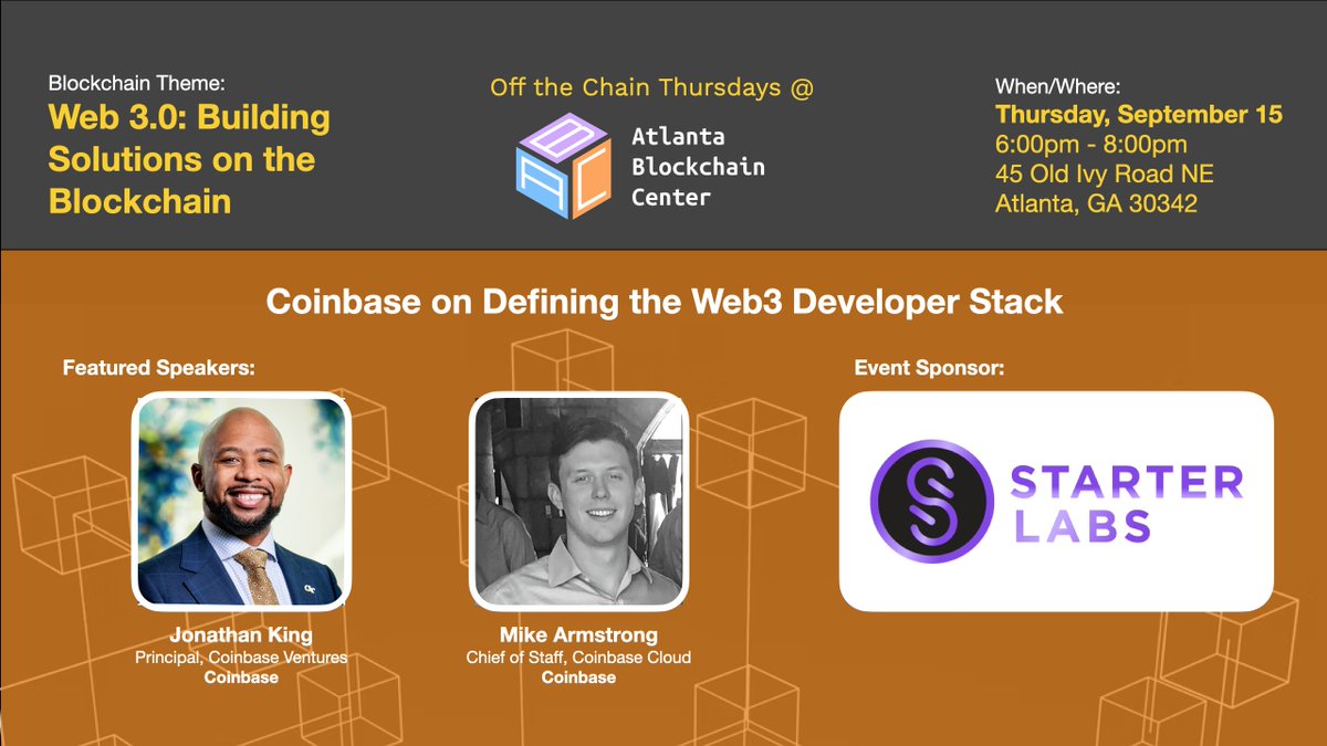 AtlantaChain's tweet photo. Join us tomorrow for our next weekly event @AtlantaChain with @coinbase and @CoinbaseCloud. 

✍️ Learn all about Coinbase on Defining the Web3 Developer Stack
⚠️ Register Here: https://t.co/CuNummyCln

Sponsored by @StarterLabsHQ
#ATLBlockchainCenter $BUIDL #DAO https://t.co/YYfgm5ZYNA