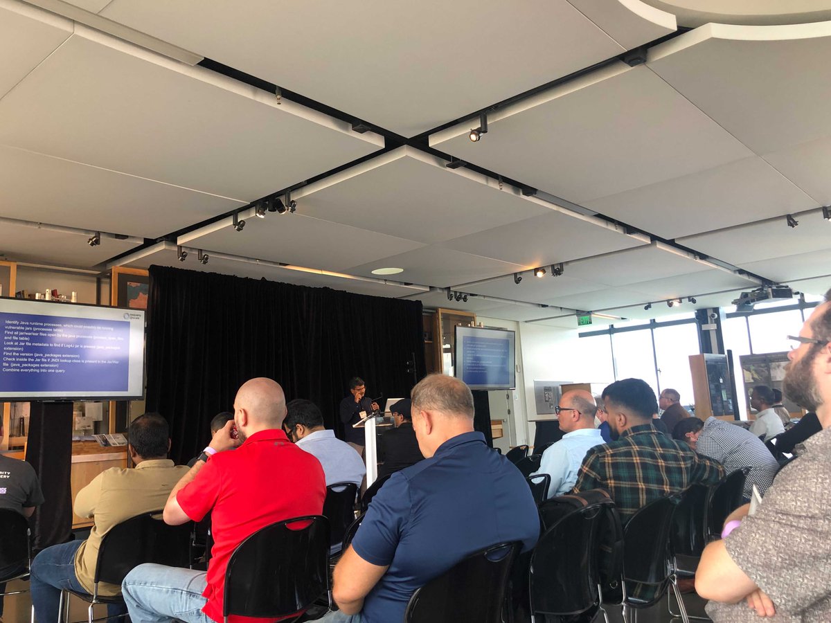 Moving on to our second session ➡️ Uma Reddy &amp; Anadi Sharma detailing and releasing an #osquery extension to give security teams the ability to query their infrastructure for #log4j vulnerabilities. #osqueryatscale #infosec #log4shell