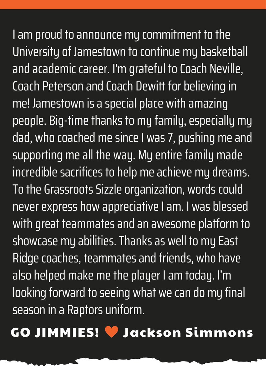 JacksonCSimmons's tweet photo. I am proud and excited to announce my commitment to @Jamestown_MBB. Big shout out to everyone who helped me along the way. @dannyneville3 @TyPeterson_ #GoJimmies #JimmiePride 🧡🤍🙏🏼 https://t.co/m2Ak7hhhTk