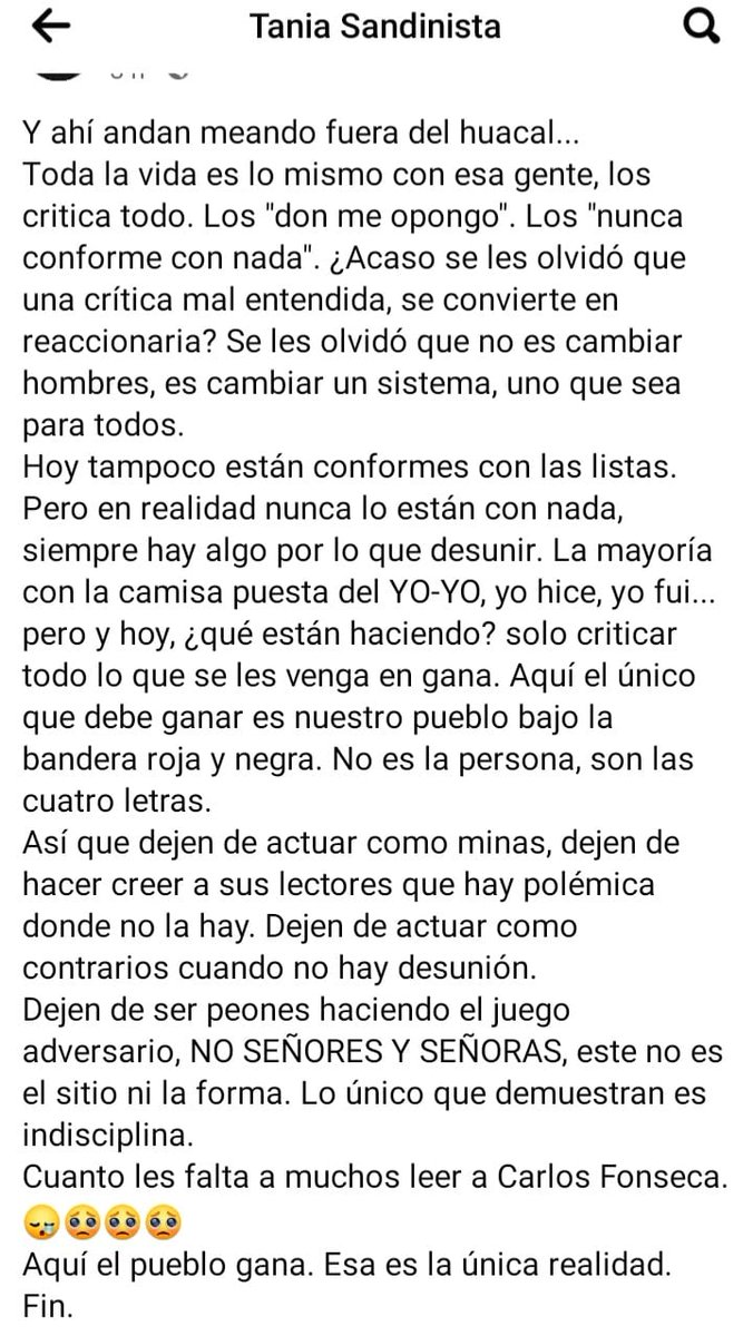 💥A nuestra camarada Tania le expresamos que compartimos sus apreciaciones, nuestro pueblo es el dueño de su propio destino y eso lo decidió el 19 de julio de 1979, con la derrota del imperio y su becerro Somoza.

#UnidosEnVictorias
#PatriaBenditayLibre