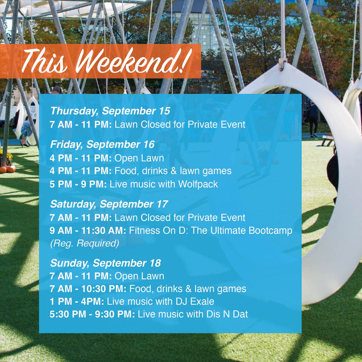 lawnond's tweet photo. Come hang with us on The Lawn On D this weekend!π
We are open Friday night & ALL DAY Sunday!! Also don't forget to register for Fitness On D: The Ultimate Bootcamp this Saturdayππ½ββοΈ
@tracinicolefit #tracinicolefit #livefitarmy #livemusic #thelawnond #bostons #outdoorworkout https://t.co/MkxNvLqQCc