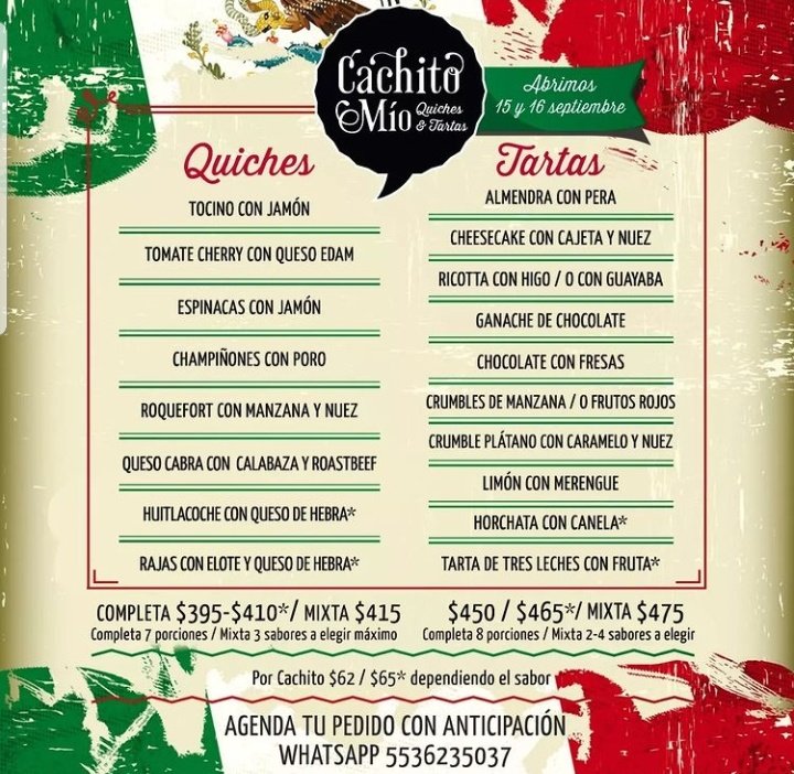Mes de especiales mexicanos en CachitoMío, pide el tuyo para celebrar! 🇲🇽🎉

🌟Quiche de Huitlacoche
🌟Quiche de Rajas con elote
🌟Tarta de Horchata con canela
🌟Tarta de Tres Leches 

Abrimos 15 y 16 de sept, pedidos: 5536235037 😋

#quiches #tartas #postresricos #coloniaroma