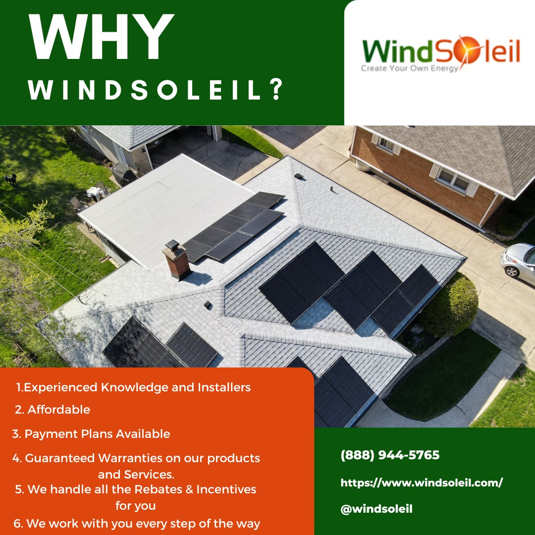 WindSoleil1's tweet photo. Why WindSoleil?

1. Experienced Knowledge and Installers
2. Affordable
3. Payment Plans Available
4. Guaranteed Warranties on our products and Services
5. We handle all the Rebates &amp; Incentives for you
6. We work with you every step of the way
 https://t.co/558mOEdWd4 https://t.co/LyR5ehGXQf