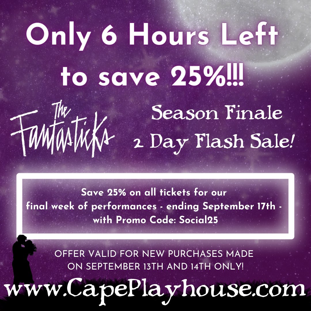 Six Hours Left to Save 25 % on 𝑻𝒉𝒆 𝑭𝒂𝒏𝒕𝒂𝒔𝒕𝒊𝒄𝒌𝒔 tickets.  To save, click -- within the next six hours -- the following link ci.ovationtix.com/34576/producti…  and purchase tickets with the promo code we have provided here