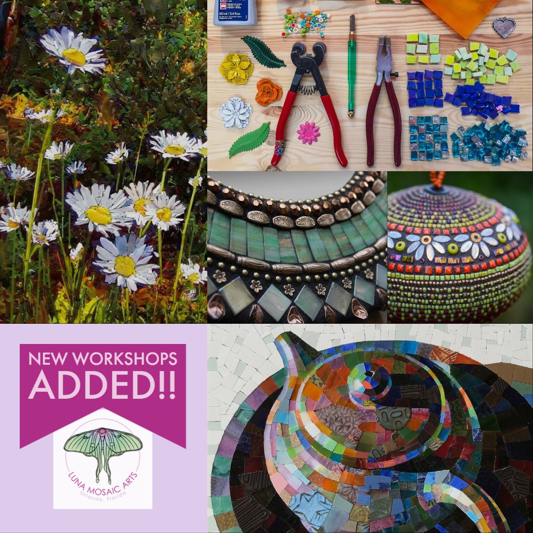 LunaMosaics's tweet photo. NEW workshops ADDED!! - Start planning for next year!! - Tomorrow is the last day to sign up for Wesley Wong's Fused Mosaic Workshop this weekend!!!  https://t.co/SsAvMNSAhJ #mosaic #mosaicart #mosaicworkshops #ivanhoevillage #mills50 #orlandoart https://t.co/diyltZ7lJB