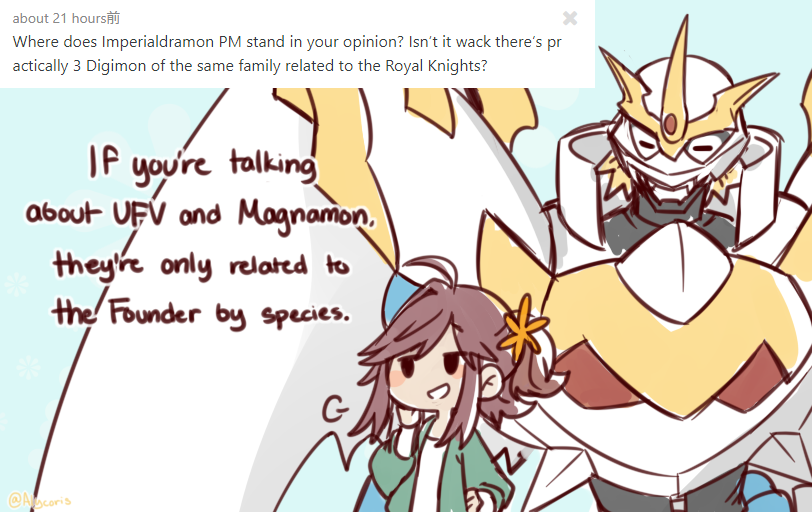 Alycoris's tweet photo. PM only gets respect from me.

*This is only a personal take based on my own interpretations of certain lore! Imperialdramon is their father!! https://t.co/QT2Ij3ORYL