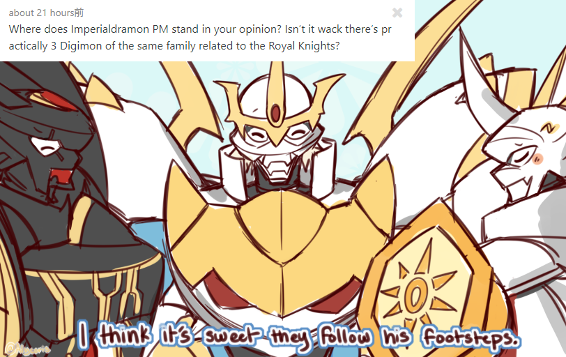 Alycoris's tweet photo. PM only gets respect from me.

*This is only a personal take based on my own interpretations of certain lore! Imperialdramon is their father!! https://t.co/QT2Ij3ORYL