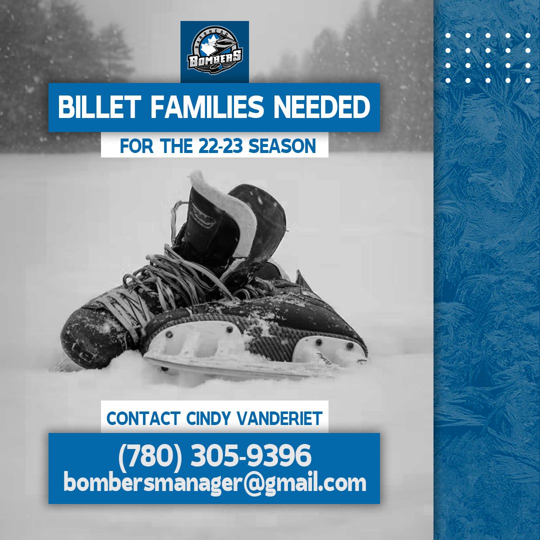 BarrheadBombers's tweet photo. WE ARE STILL IN NEED OF BILLET FAMILIES FOR THE COMING SEASON

Anyone interested in volunteering or becoming a billet family for the 2022-2023 Bombers season, please contact Team Manager Cindy Vanderiet.

(780) 305-9396

bombersmanager@gmail.com

#barrheadbombers #Juniorhockey https://t.co/InbHHJergk