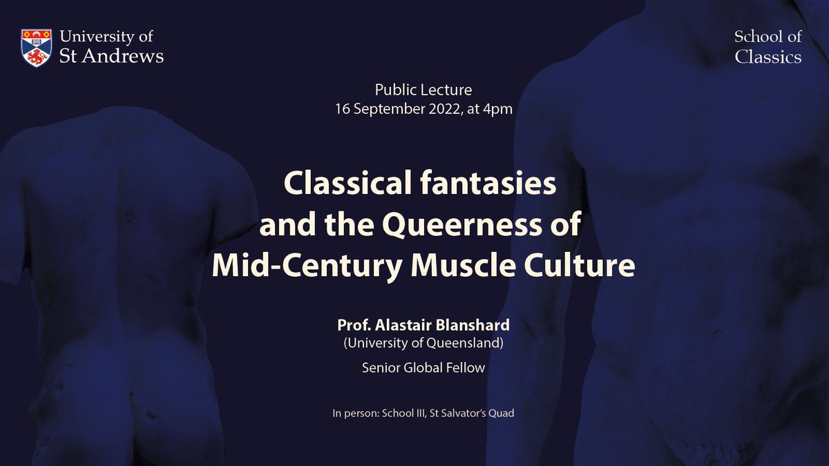 If you're in St Andrews <a href="/univofstandrews/">University of St Andrews</a> on Friday (September 16th, 4pm BST, in person only), I'm presenting <a href="/StA_Classics/">St Andrews Classics</a> on "Classical Fantasies &amp; the Queerness of Mid-Century Muscle Culture" events.st-andrews.ac.uk/events/alastai… <a href="/GlobalOfficeStA/">Global Office, University of St Andrews</a>