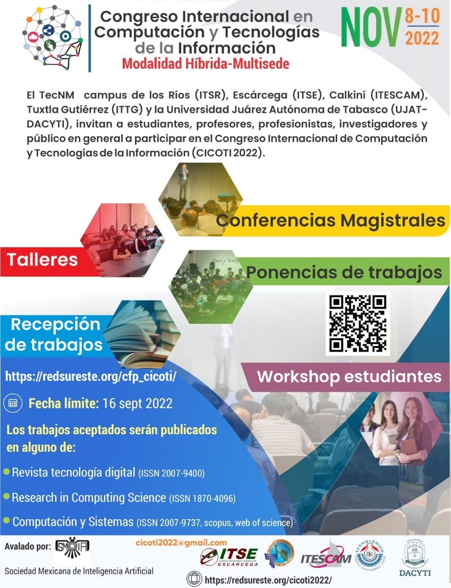 TecNM_MX's tweet photo. #ComunidadTecNM Te invitamos a participar en el Congreso Internacional de Computación y Tecnologías de la Información (CICOTI 2022), que se llevará a cabo del 8 al 10 de noviembre de 2022.
Más información aquí 👉https://t.co/dnkPG3DG20 https://t.co/ePlhidwCQB