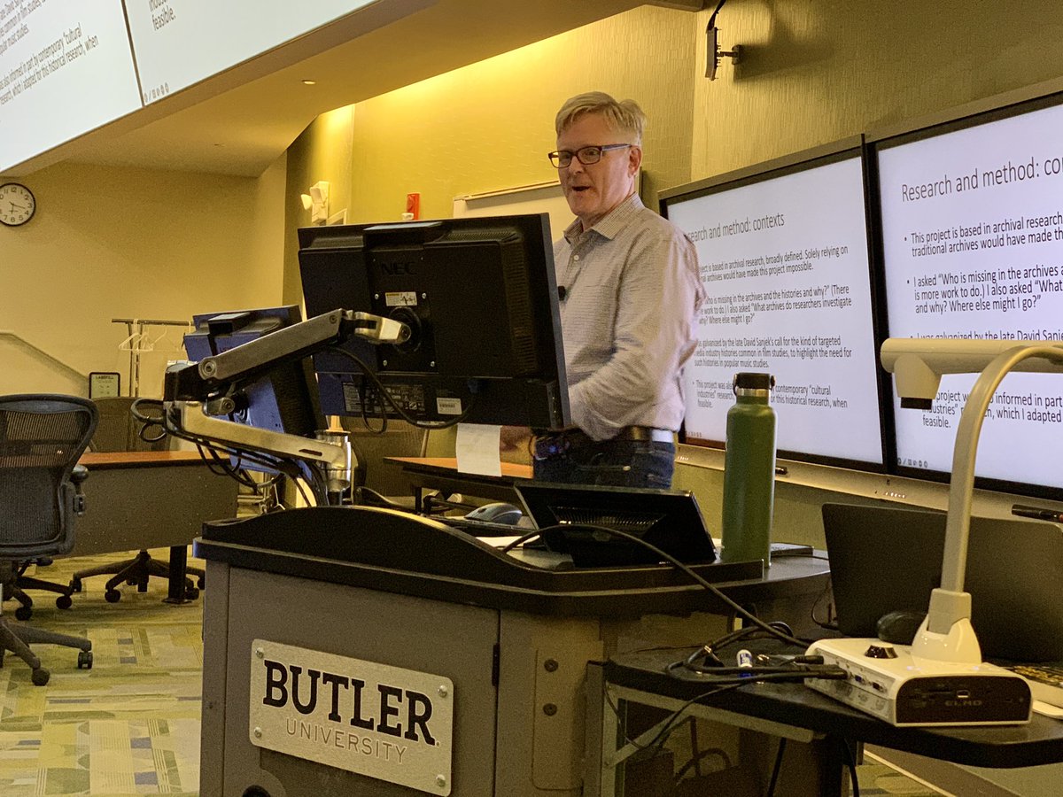 ButlerCCom's tweet photo. Great evening to learn all about the early recording industry from @kylesbarnett! Big thank you to all the students, faculty, and community members in attendance tonight! 🎶🎤🎵 https://t.co/mKz83i2y9X