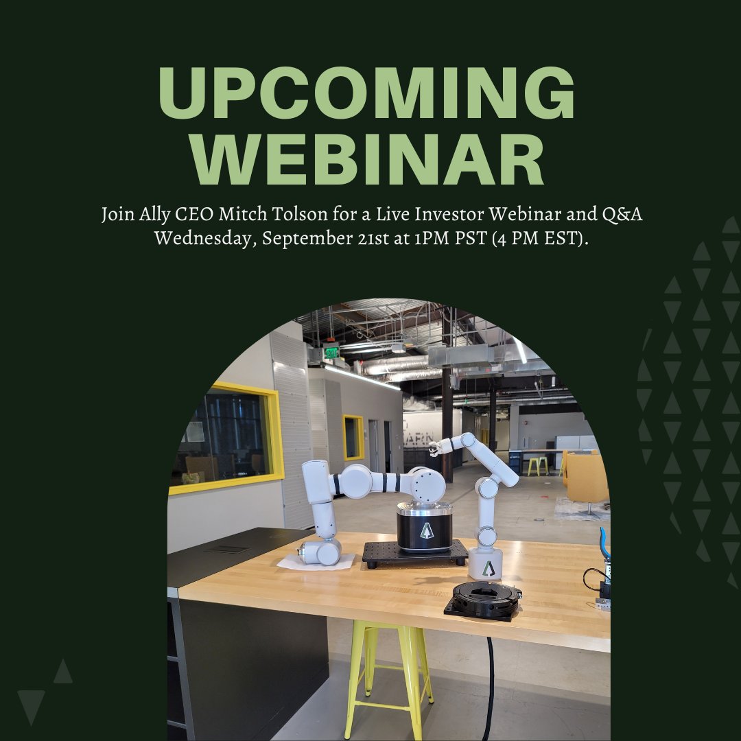 allyrobotics's tweet image. Mitch will share Ally’s vision for the future of work, and more about Ally’s mission to Unlock the Human Potential. 
Space is limited, reserve your seat today.

app.livestorm.co/investor-webin…