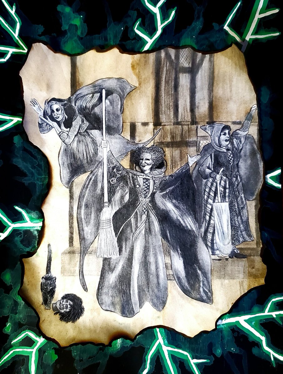 mark_setera's tweet photo. My official submission for the #HocusPocus2contest
Pencil, paint, and a little bit of fire helped create this piece. The foreground is graphite pencil and brown paint stain. The background is a black base with green and white paint to resemble Winnie's magic. #art #hocuspocus https://t.co/PWZT49pDc1