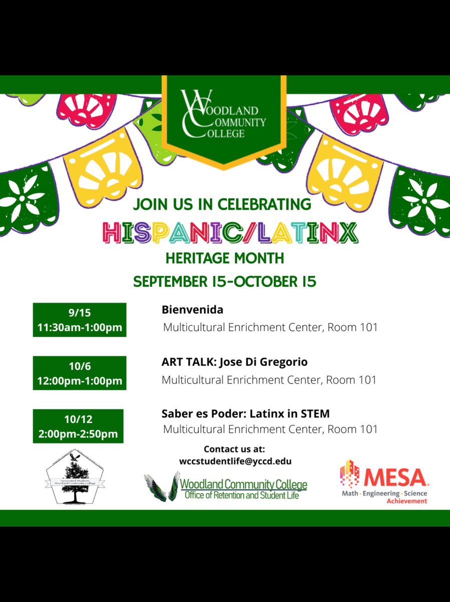 💚✨🦅🎉 Join us tomorrow as we kick off Hispanic/ Latinx heritage month inside the Multicultural Enrichment Center🎉🎉✨ We will have free refreshments and presenters inside room 101 from 11:30-1:00pm💚✨🎉 Hope to see you all there 🥳🎉💚✨🦅